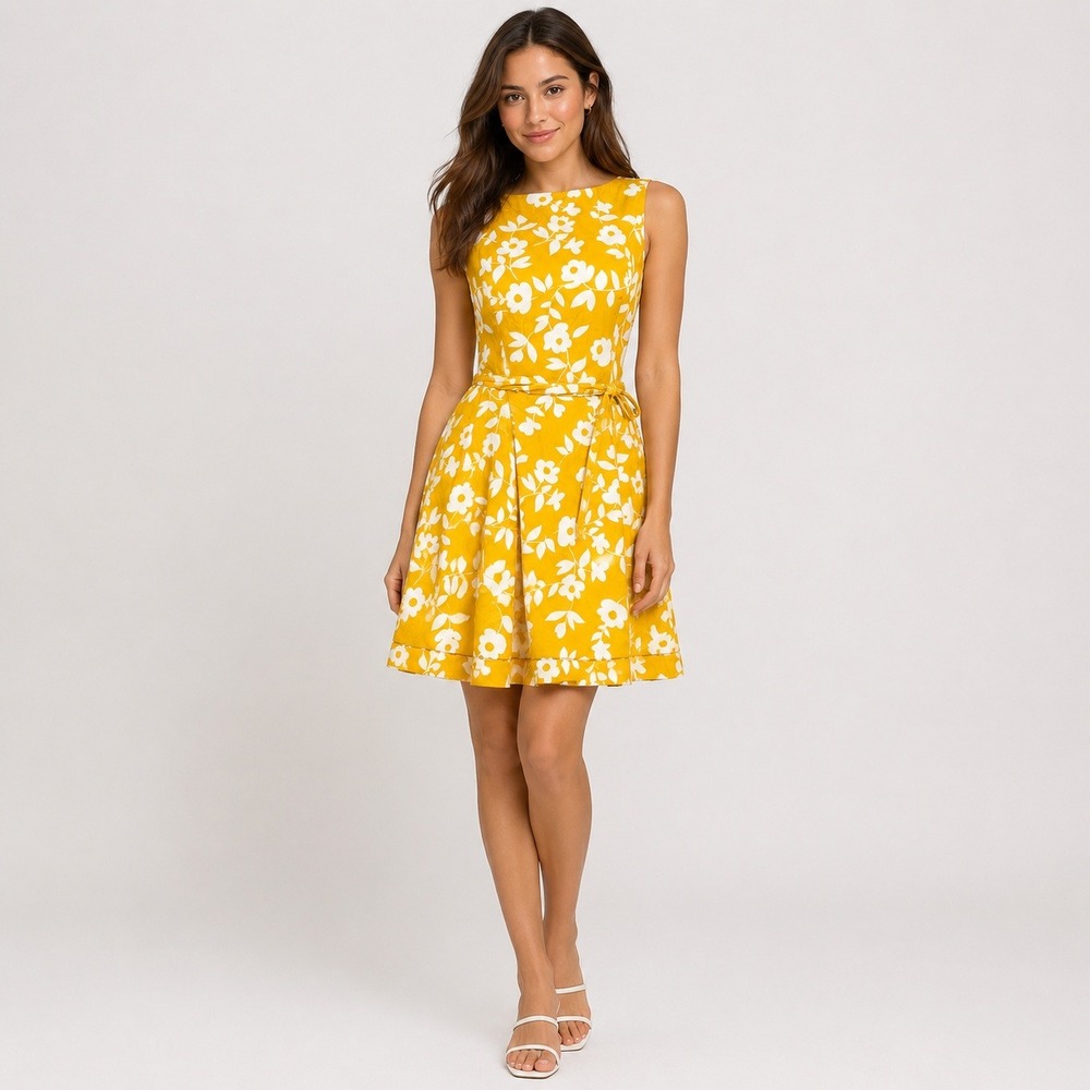 Anne Klein Mustard Yellow Floral Sleeveless Fit & Flare Dress size 2